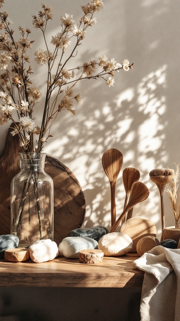 A cozy winter decor setup featuring dried flowers in a glass vase, wooden utensils, and smooth stones on a wooden shelf.
