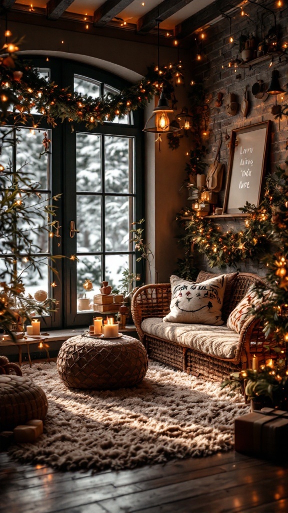 A cozy living room with a plush area rug and warm winter decor.
