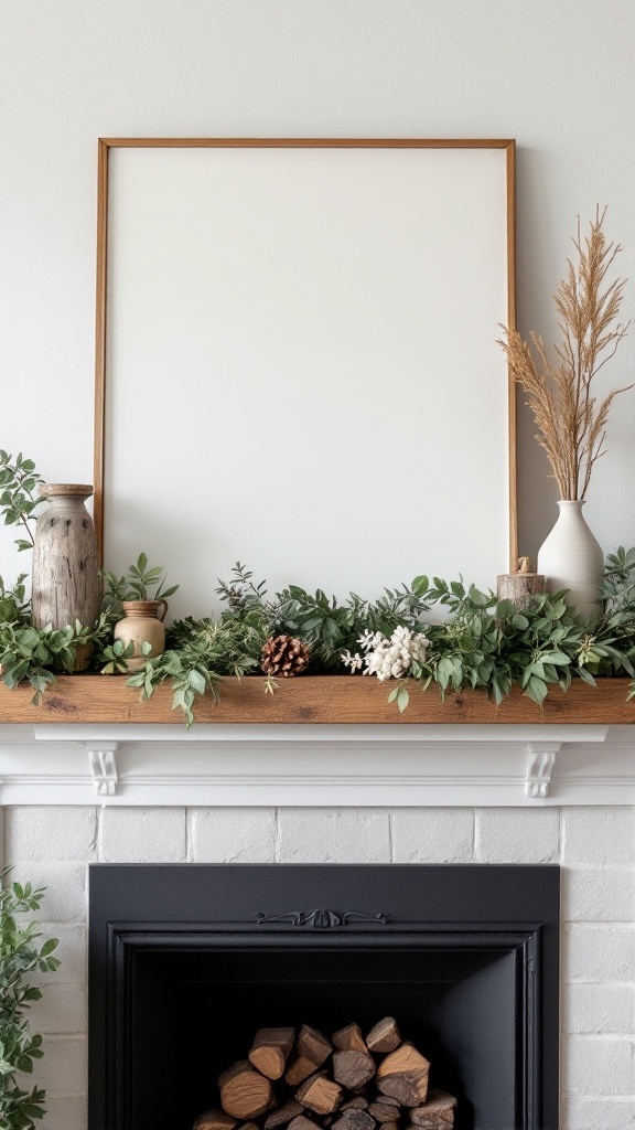 Rustic wooden mantel decorated with greenery, pinecones, and a vase, featuring a fireplace with stacked logs.