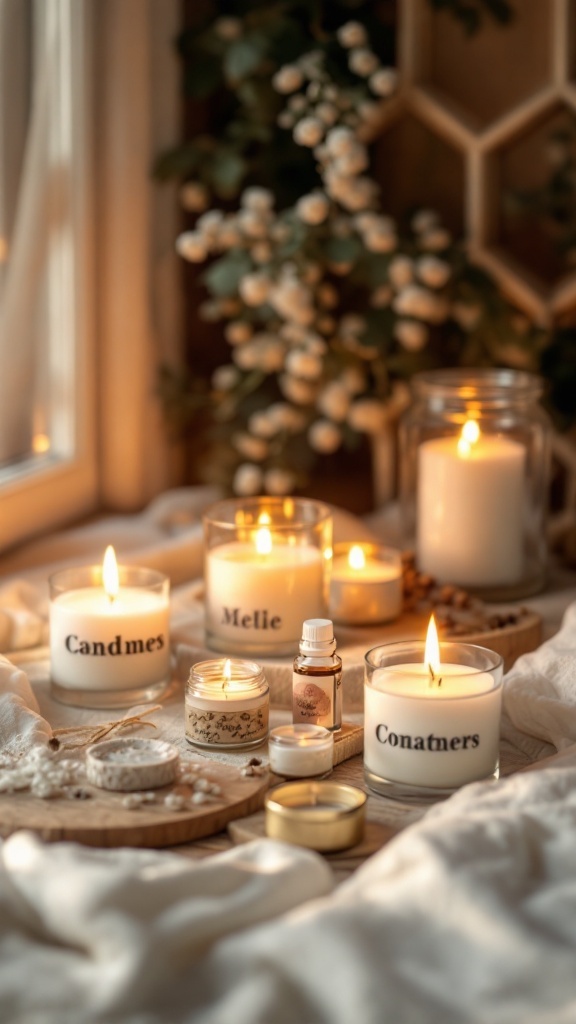 Cozy winter home decor with various scented candles and essential oils