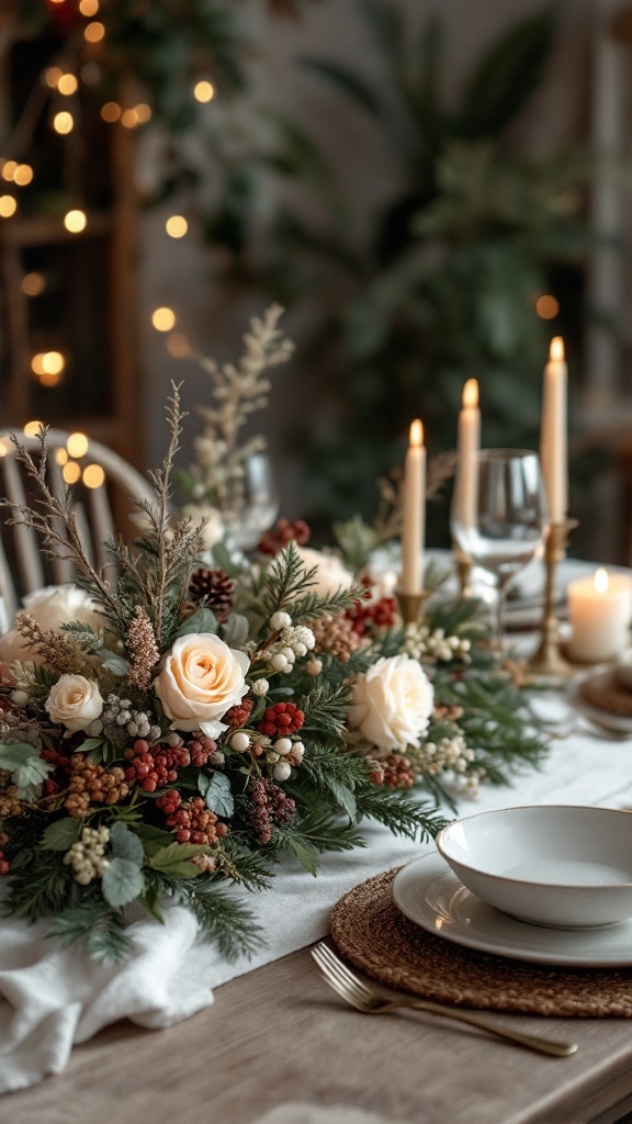 A cozy winter table setting featuring a floral centerpiece with white roses, pine, and berries, surrounded by candles and dinnerware.
