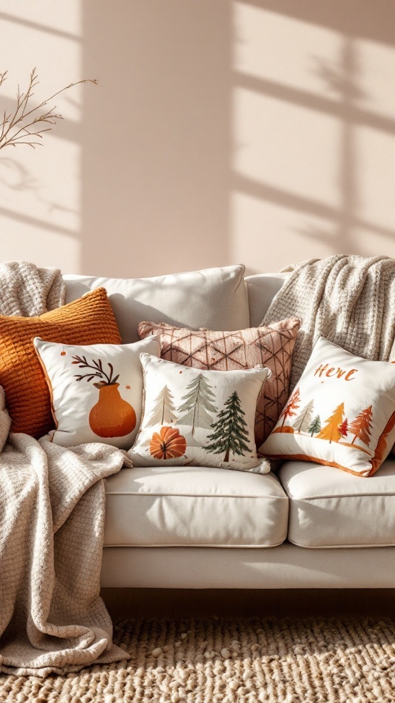 A cozy couch with seasonal pillow covers showcasing autumn themes and a warm throw blanket.