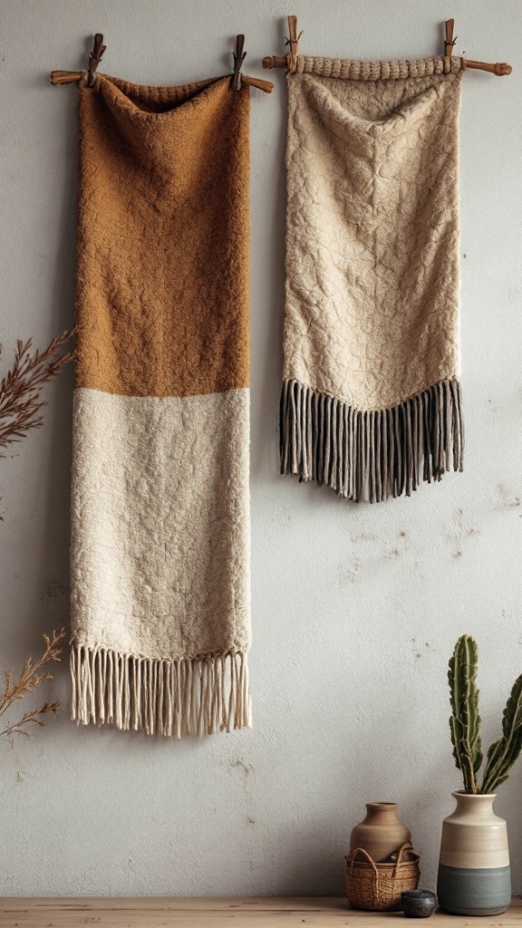 Two textured wall hangings in earthy tones, one brown and cream with fringes, and one light with a pattern, displayed on a wall.
