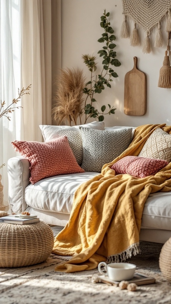Cozy winter home decor featuring warm textiles and throws on a sofa.