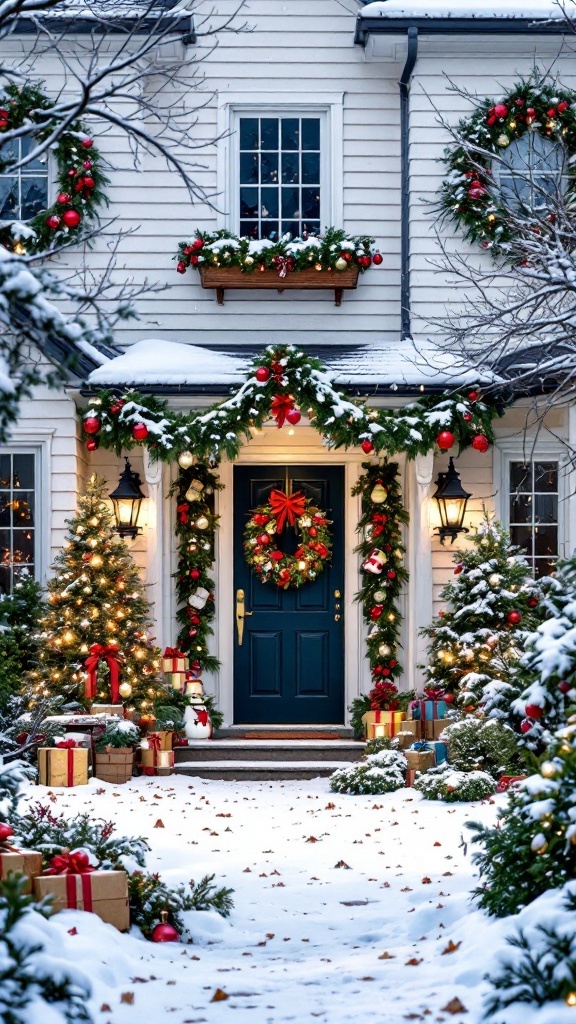 A cozy winter home decorated for the holidays with wreaths, Christmas trees, and snow.