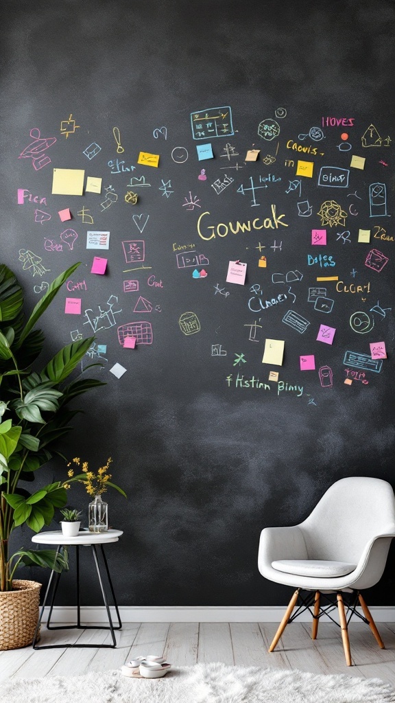Chalkboard wall decorated with colorful doodles and sticky notes, next to a plant and a chair.