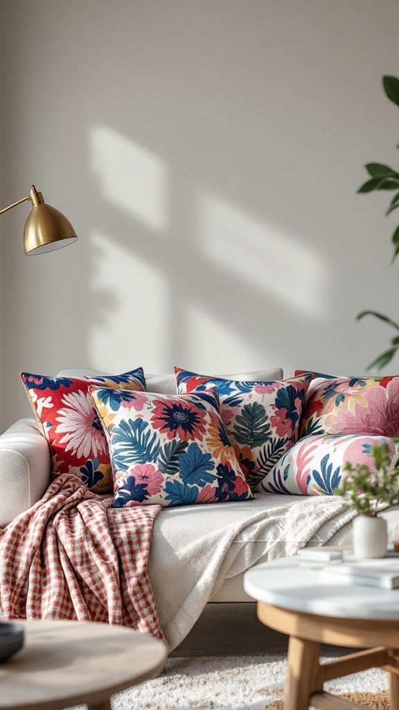 A cozy sofa with colorful floral cushion covers and a soft blanket.