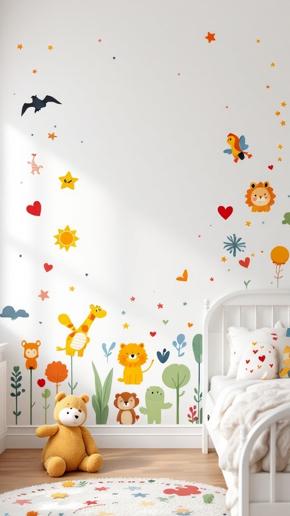 Colorful wall decals featuring animals, hearts, and stars in a children's room