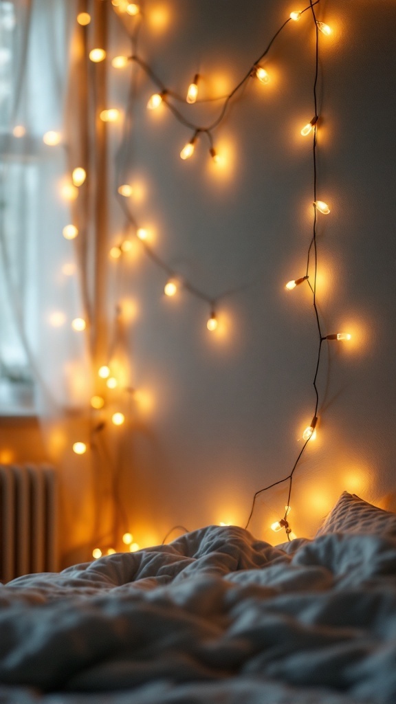 Warm glowing decorative string lights hanging on a wall beside a bed