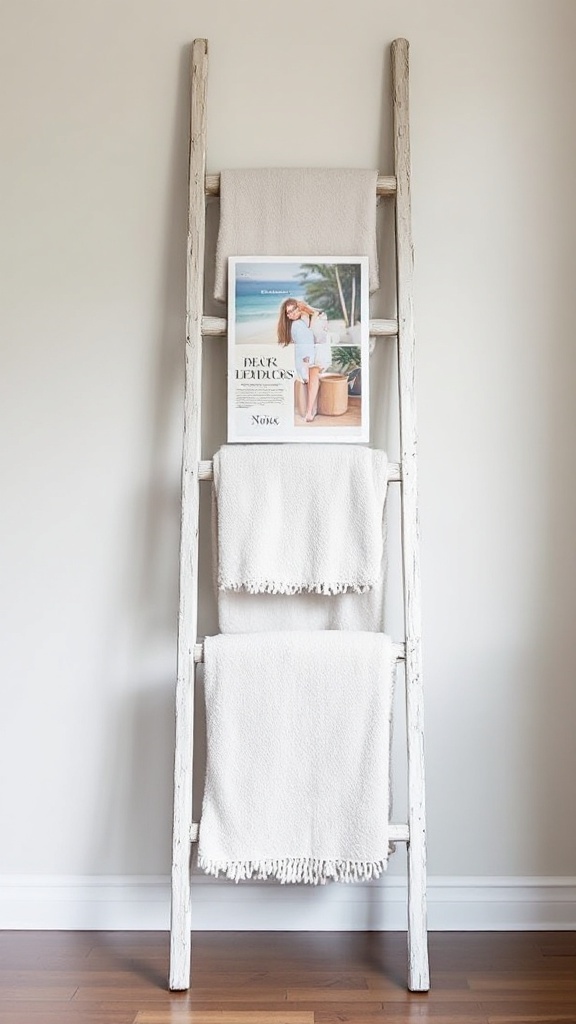 A decorative wooden ladder with blankets and a magazine framed on it.