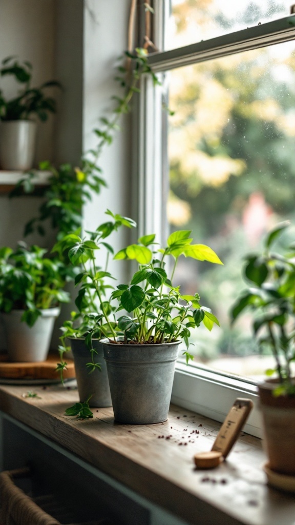 Indoor herb garden with pots on a windowsill