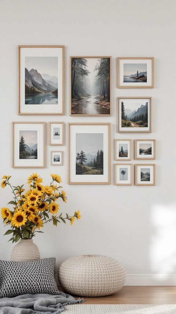 A cozy gallery wall featuring framed nature photos and a vase of sunflowers.