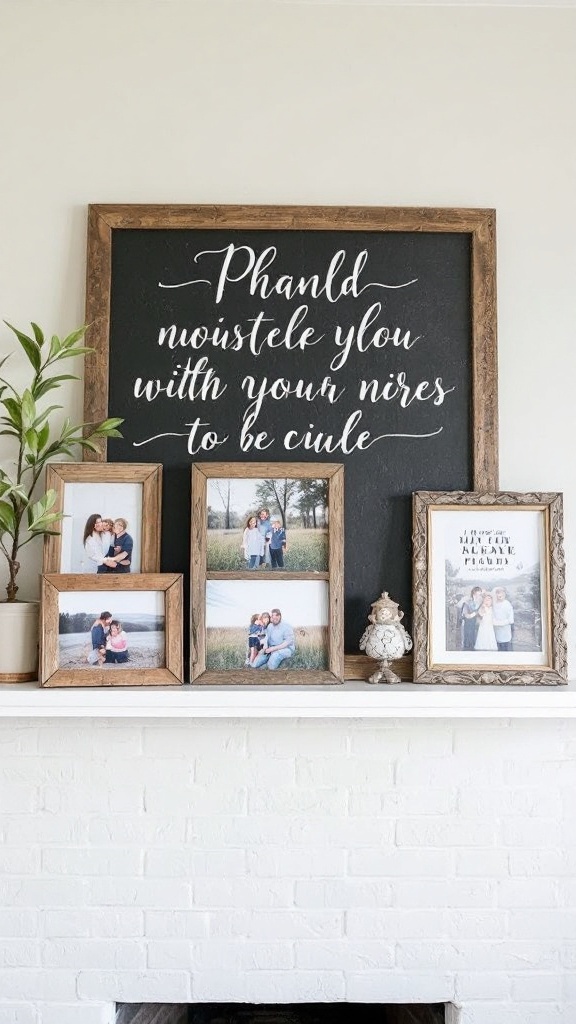A collection of rustic picture frames with family photos on a mantel, accompanied by a plant and decorative piece.