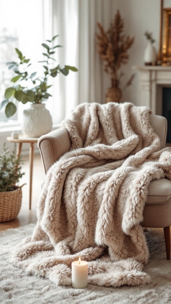 A cozy faux fur throw blanket draped over a chair with a candle nearby.