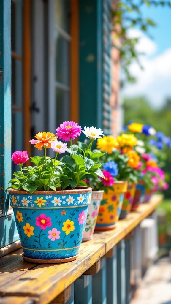 Colorful hand-painted flower pots with various flowers on a windowsill
