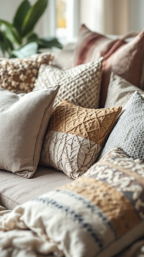 A cozy couch with a variety of handmade decorative throw pillows featuring different textures and colors.