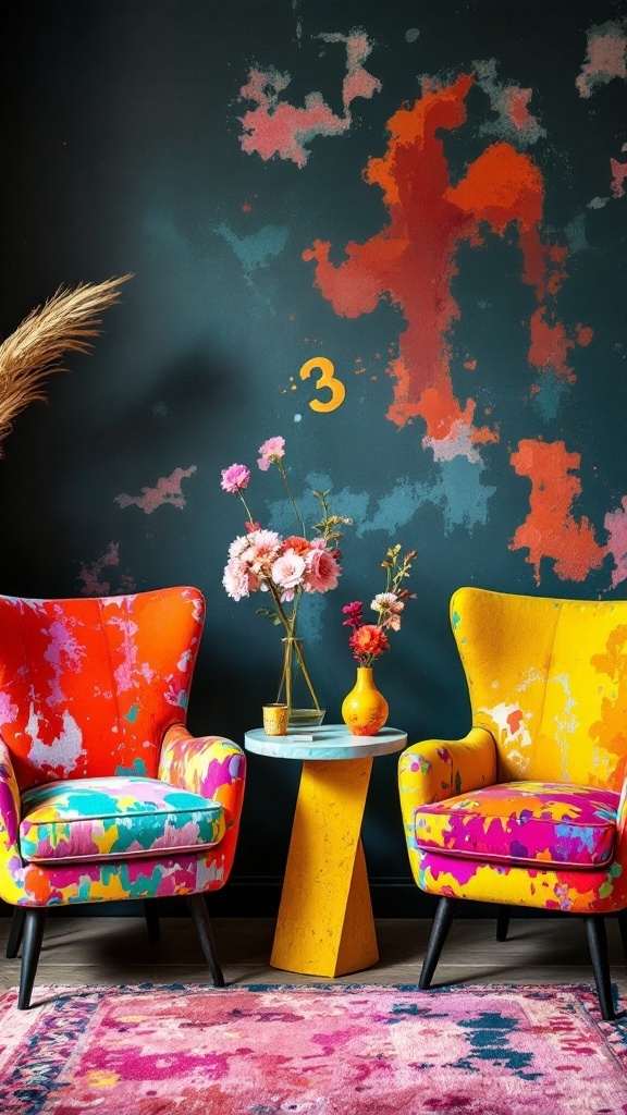 Two colorful painted accent chairs in front of a dark wall with splashes of color.