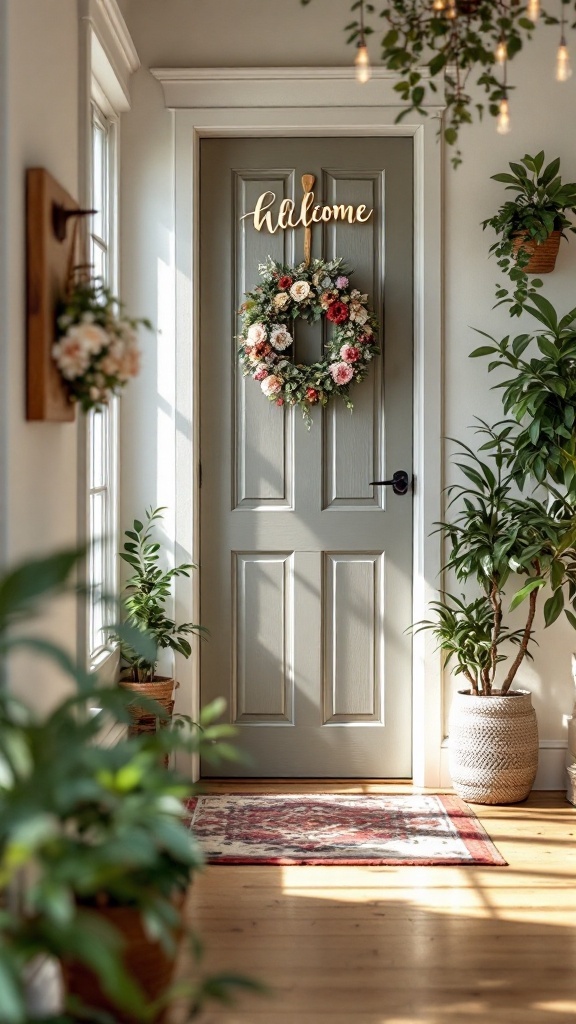 A welcoming entryway featuring a wooden sign that says 'welcome', a floral wreath on the door, and houseplants adding natural beauty.