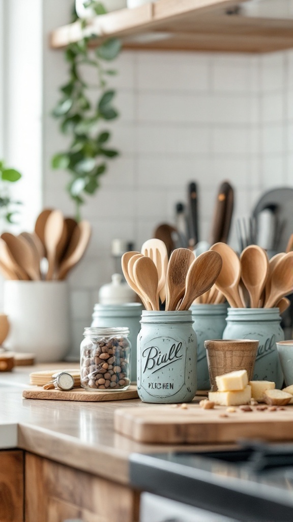 A kitchen countertop with mason jars filled with wooden utensils, spices, and other items.