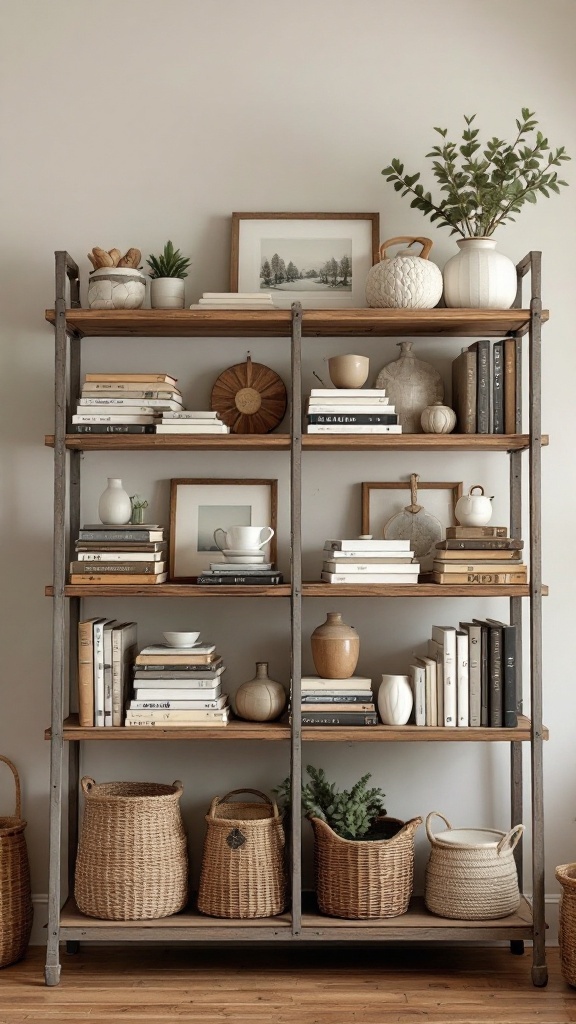 A rustic farmhouse shelving unit displaying books, decorative items, and woven baskets.