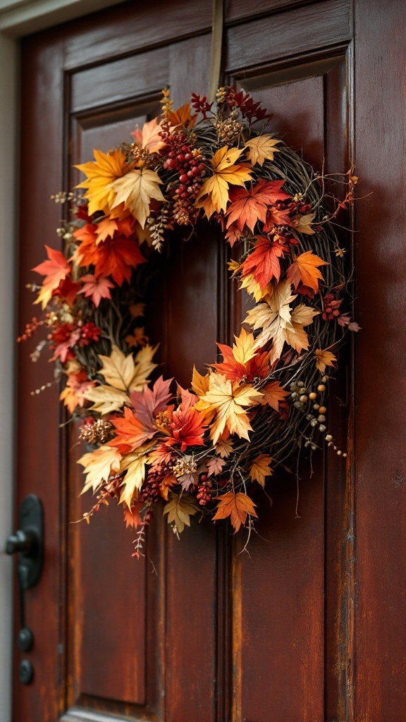 Autumn wreath with colorful leaves and berries on a wooden door