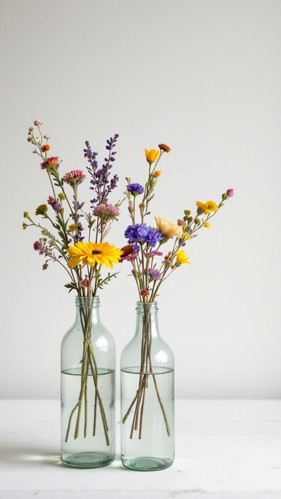 Two glass bottle vases filled with colorful wildflowers on a light background.