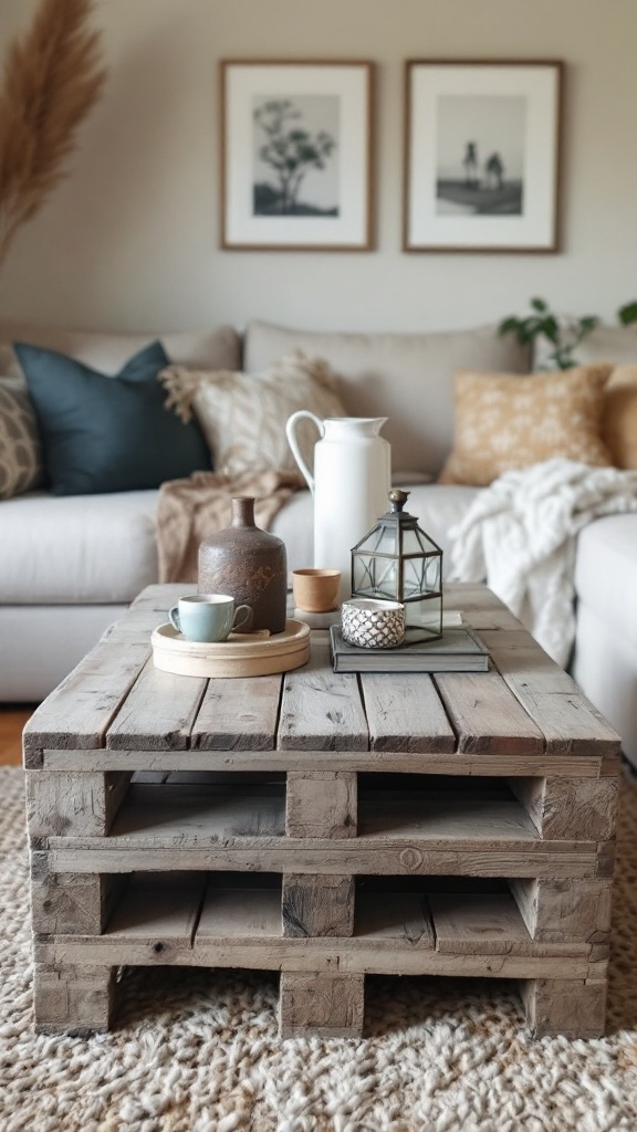 A rustic wooden pallet coffee table decorated with a teacup, a lantern, and other items, set in a cozy living room.
