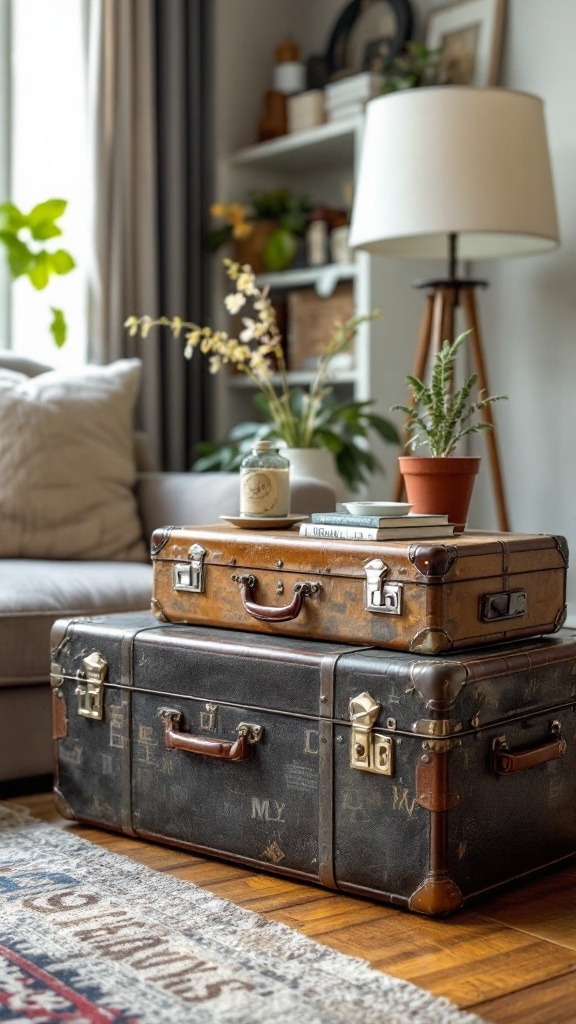 A cozy living room with stacked vintage suitcases used as a side table, featuring a lamp, plants, and a comfortable sofa.