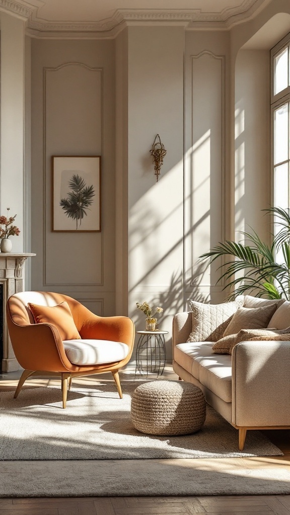 Cozy living room with a warm orange armchair, a plush sofa, and a round pouf, illuminated by natural light