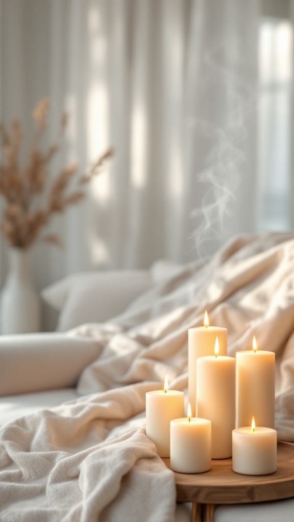 A cozy arrangement of white candles on a wooden tray with a soft blanket in a light-filled living room.