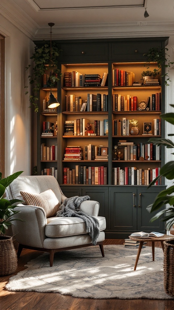 A cozy reading nook featuring a soft armchair, a well-stocked bookshelf, and warm lighting.