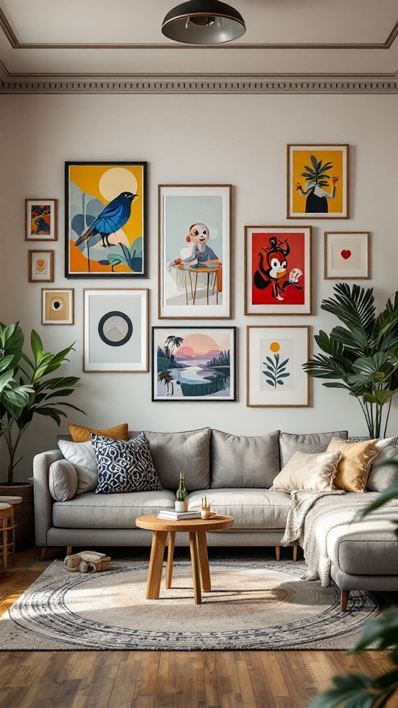 A cozy living room with a wall art display featuring various framed artworks and indoor plants.