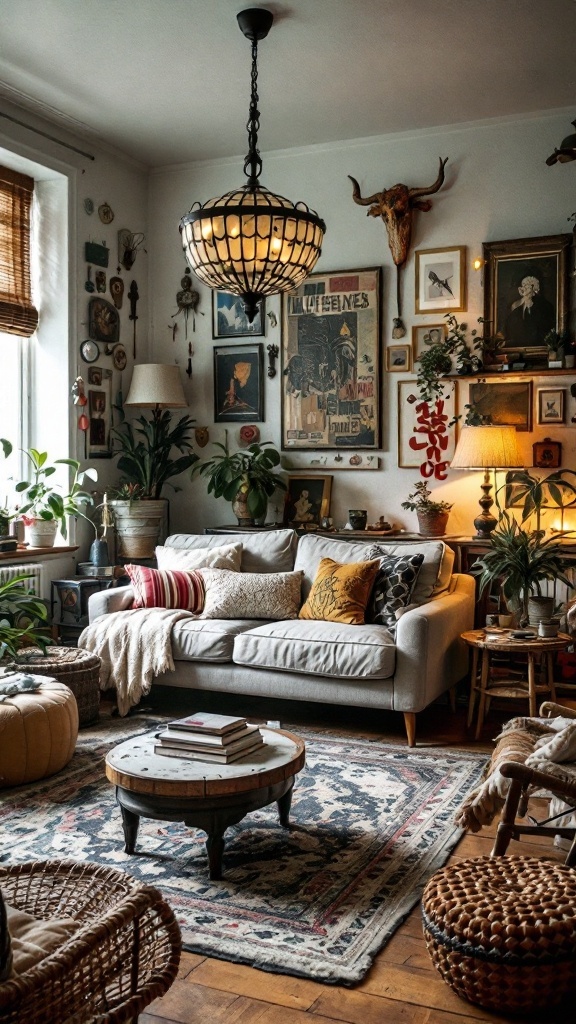 Cozy living room with eclectic decor, featuring a sofa, various artworks on walls, plants, and warm lighting.