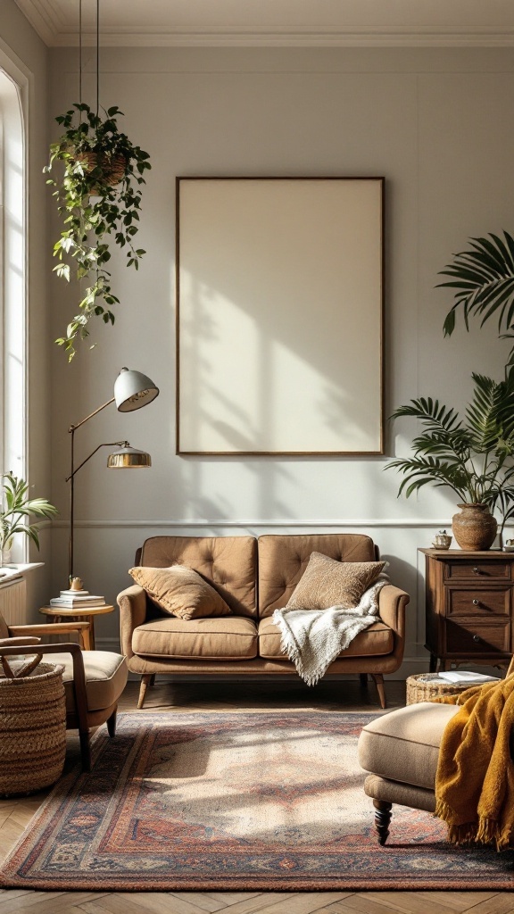 Cozy living room featuring vintage furniture and plants