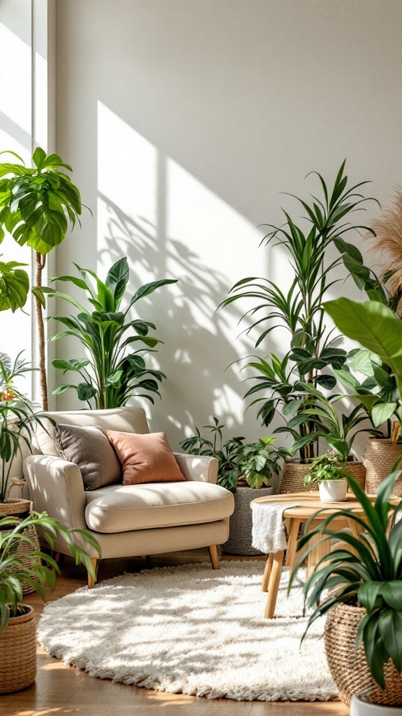 Cozy living room with plants and comfortable seating