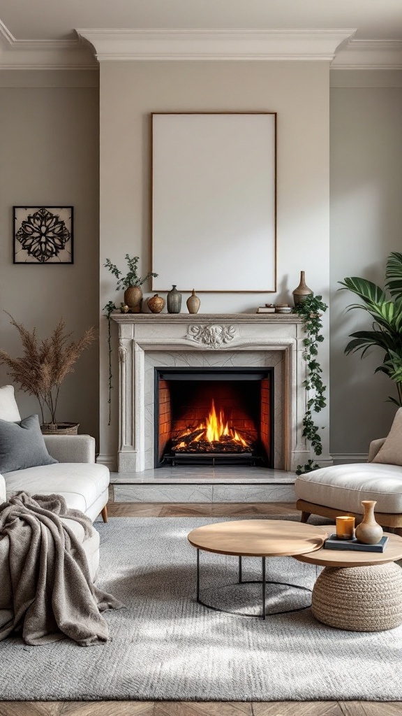 A cozy living room featuring a stylish fireplace with flickering flames, elegant mantel, and comfortable seating.
