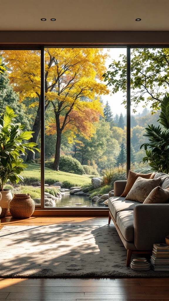 Cozy living room with large windows showing autumn trees and a stream