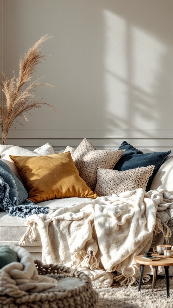 Cozy living room with layered textiles, including pillows and throws on a sofa, and a touch of natural decor.