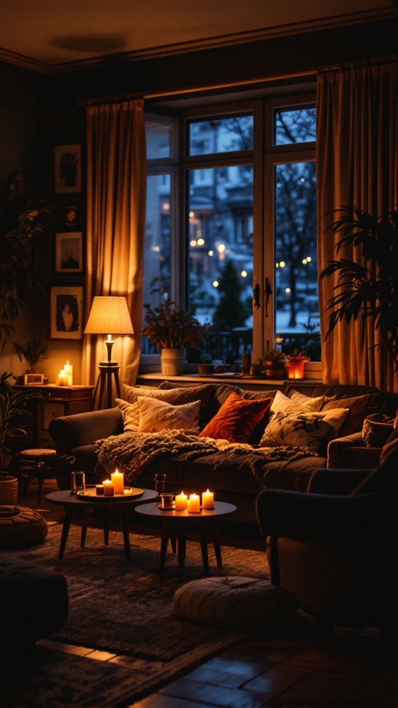 A cozy living room with warm, soft lighting from candles and a floor lamp, featuring a comfortable sofa and curtains.