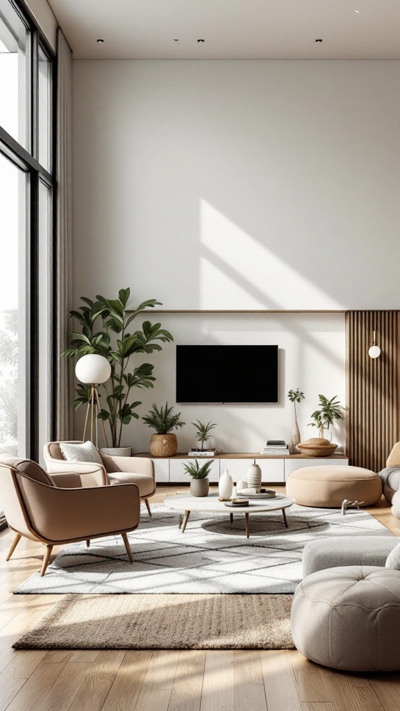 A bright and cozy living room with large windows, soft furniture, plants, and a circular coffee table.