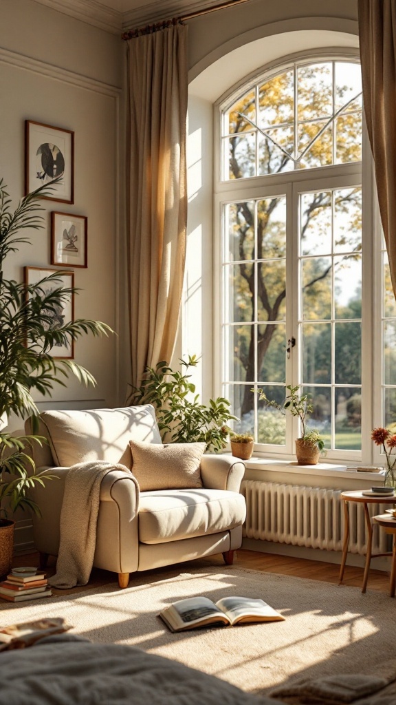 Cozy living room with natural light, an armchair, plants, and a side table with books
