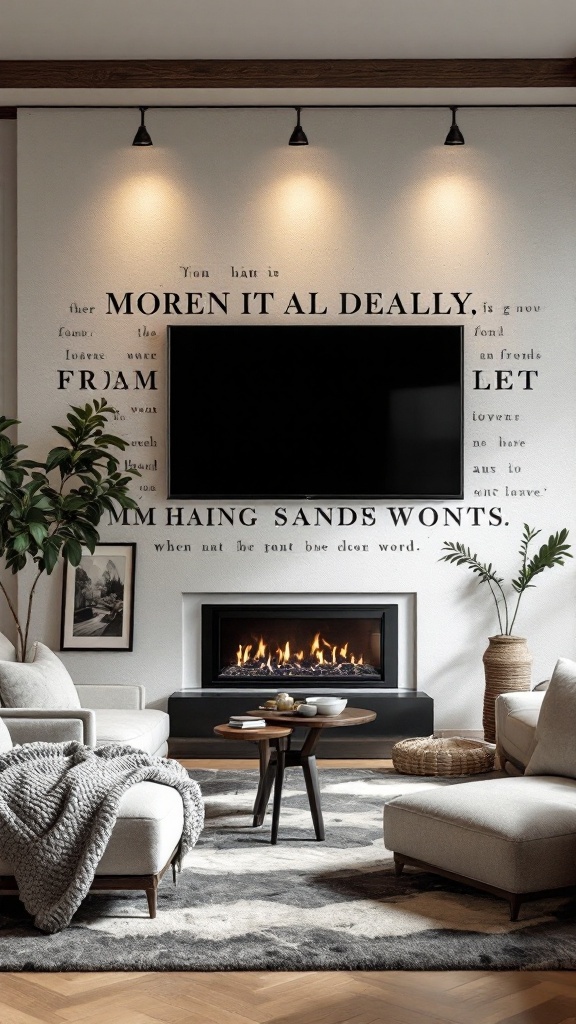 A cozy living room with a personalized accent wall featuring bold text, a modern fireplace, soft furniture, and decorative plants.