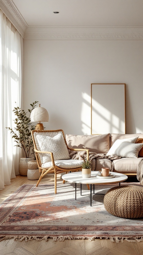 A cozy living room featuring layered rugs with warm tones and comfortable seating.
