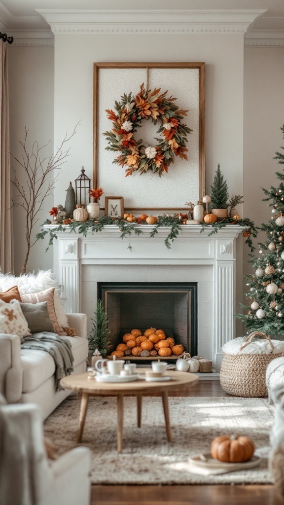 A cozy living room featuring autumn decor with a fireplace, pumpkins, and a decorated tree.
