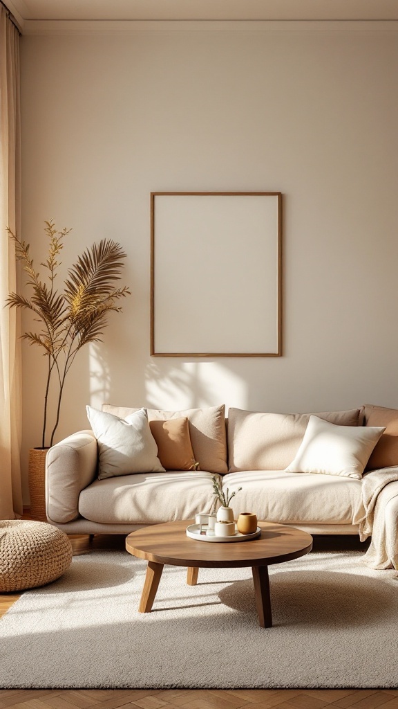Cozy living room with a soft beige sofa, neutral pillows, a wooden coffee table, and a warm rug.