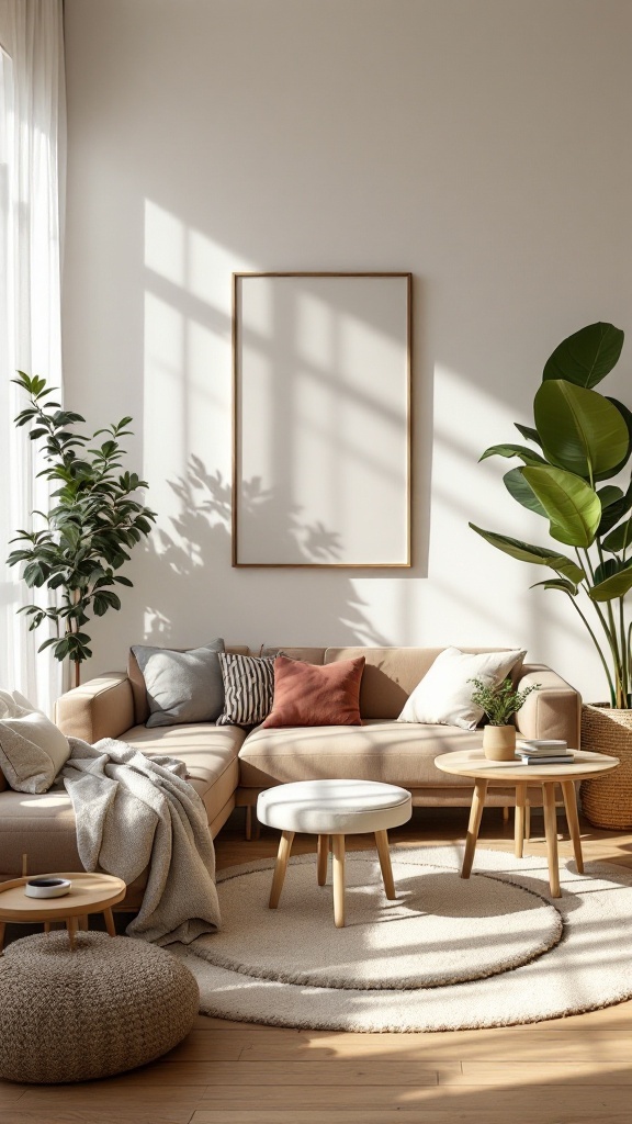 A cozy living room with a beige sofa, decorative pillows, and plants, creating an inviting atmosphere.
