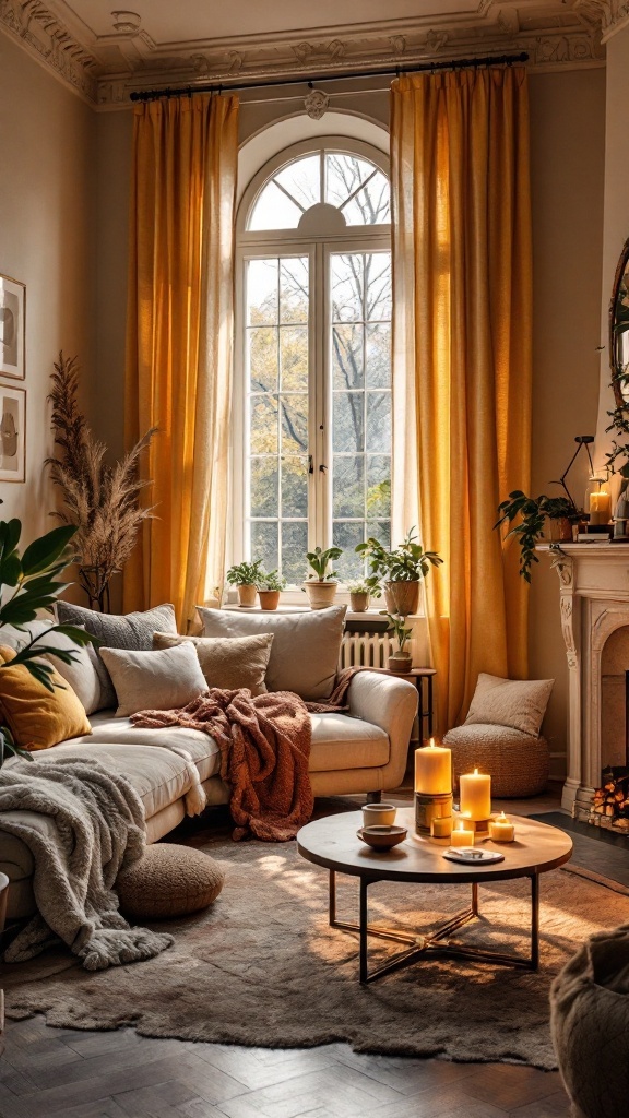A cozy living room with warm color palettes, featuring golden curtains, soft furnishings, and candles.