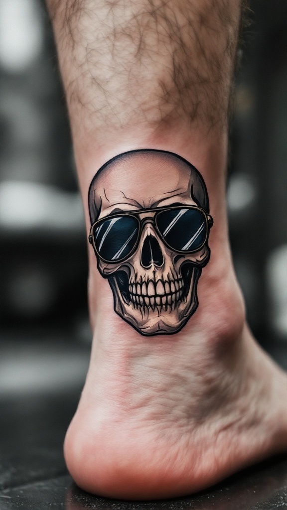 Cartoonish skull tattoo with sunglasses on an ankle