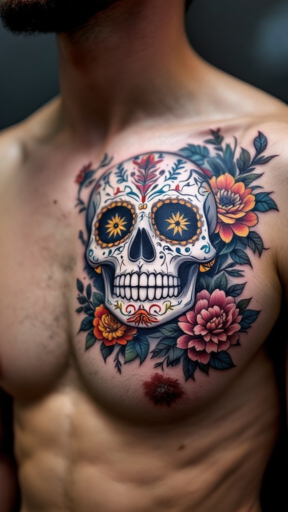 Colorful Day of the Dead skull tattoo on a man's chest with floral designs