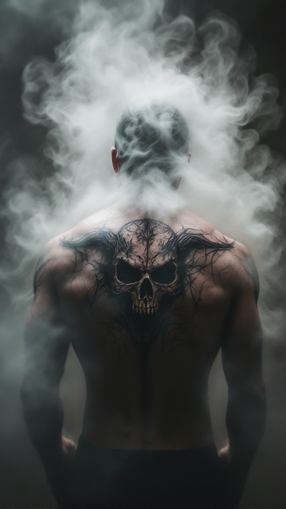 A detailed tattoo of a skull on a man's back, surrounded by swirling mist.